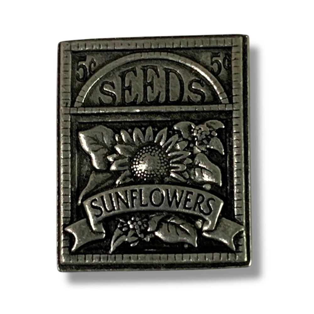 Vintage Birds and Blooms Sunflower Seeds Pewter Brooch Pin Badge 1.2"